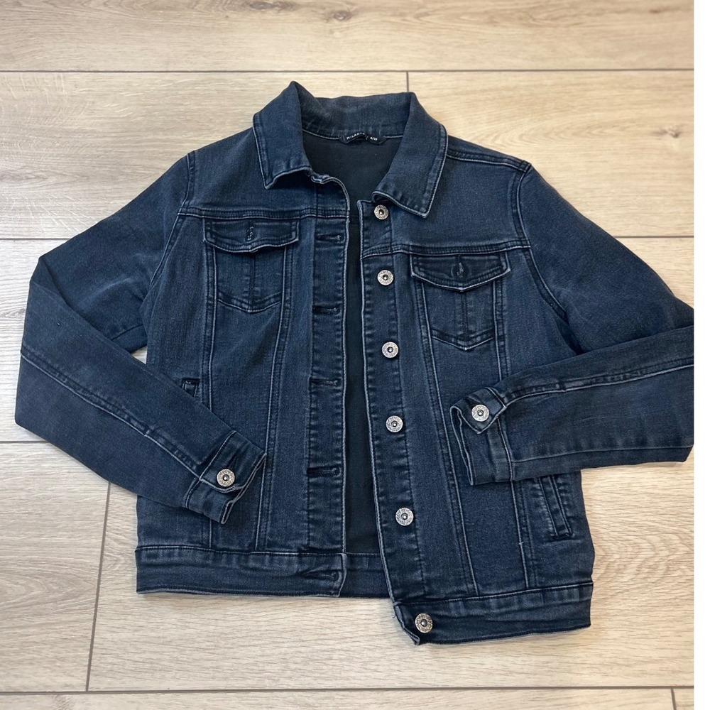 Miladys Womens Faded Black Denim Trucker Jacket Stretch Cotton Size 8/32